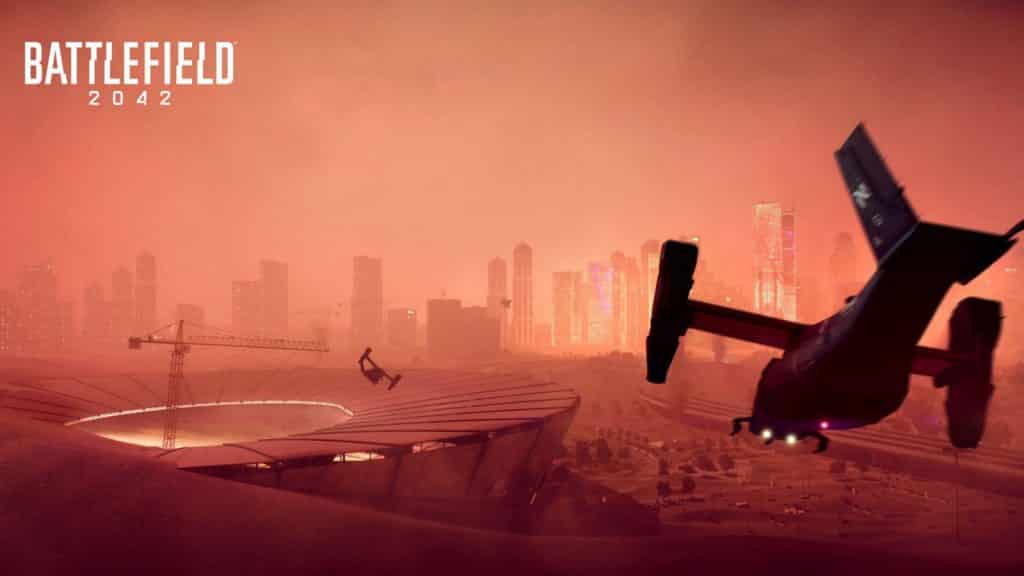 An image of a plane flying in a sandstorm in Battlefield 2042