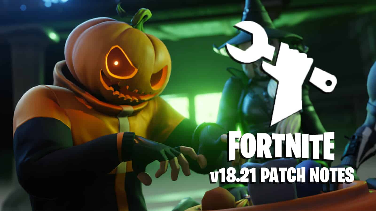 A pumpkin Fortnite skin and text reading 12.1 patch notes