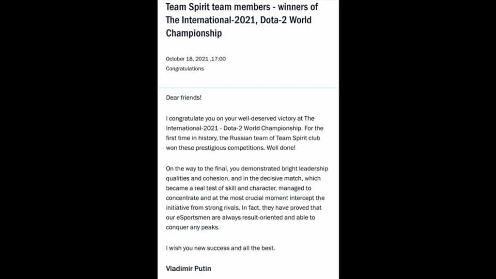 Putin letter to Team Spirit