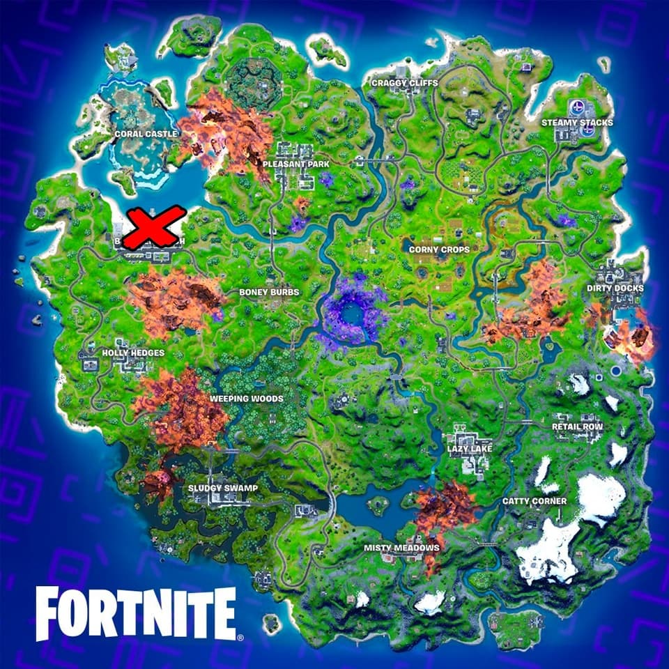 A red X marking Ariana Grande's location on the Fortnite map