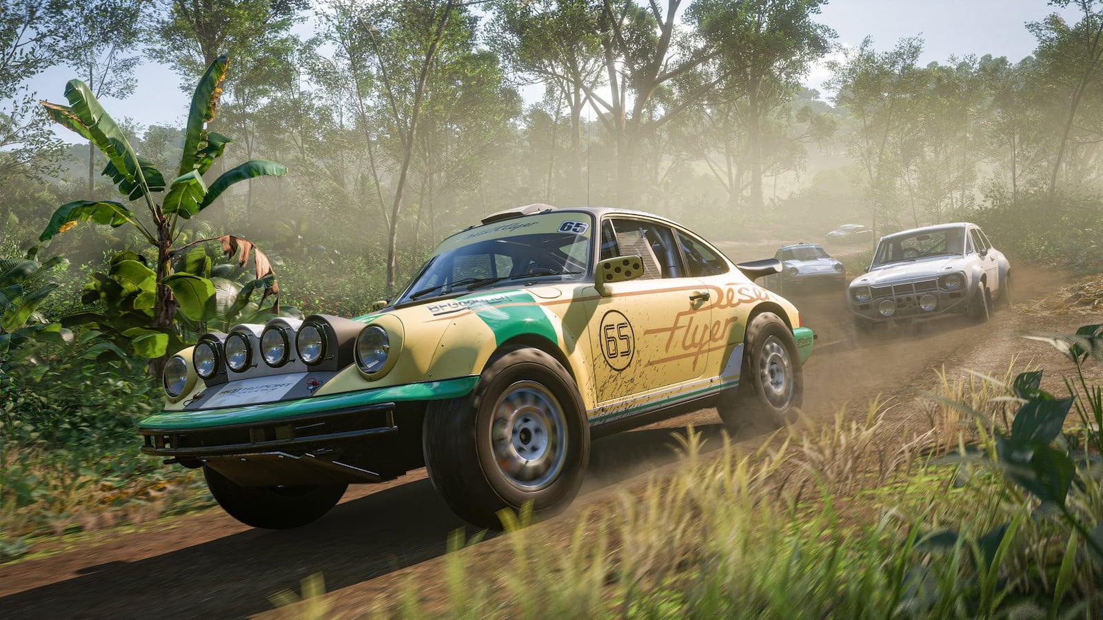 Forza Horizon 5 image showing cars racing through the jungle