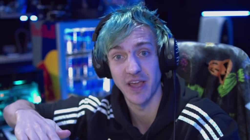Ninja with blue hair talking to camera on stream