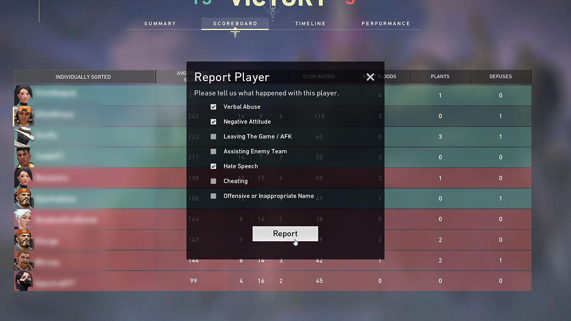 Valorant report screen with different options