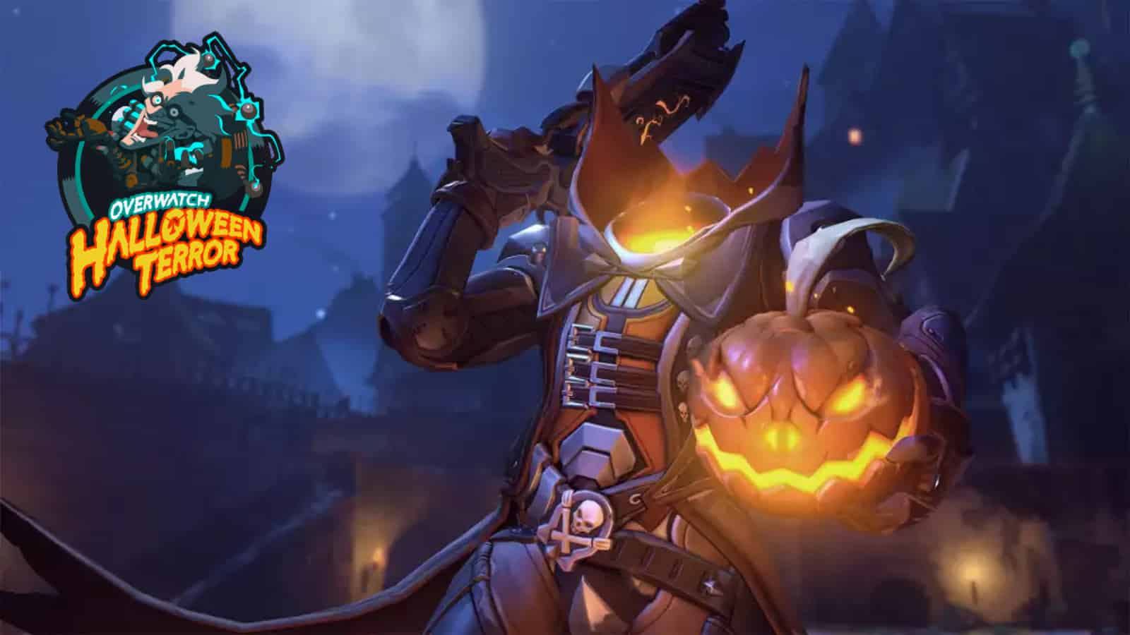 Overwatch Reaper as a headless character holding his pumpkin head in his hand