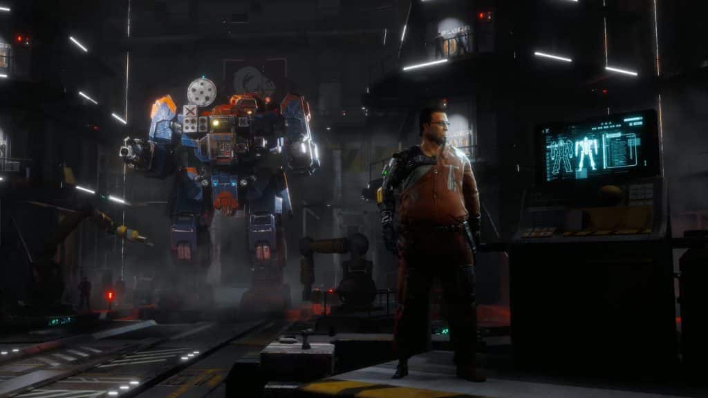 Battletech screenshot showing a character next to a mech