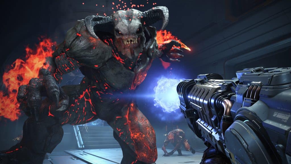 Doom Eternal screenshot showing the player fighting a large enemy
