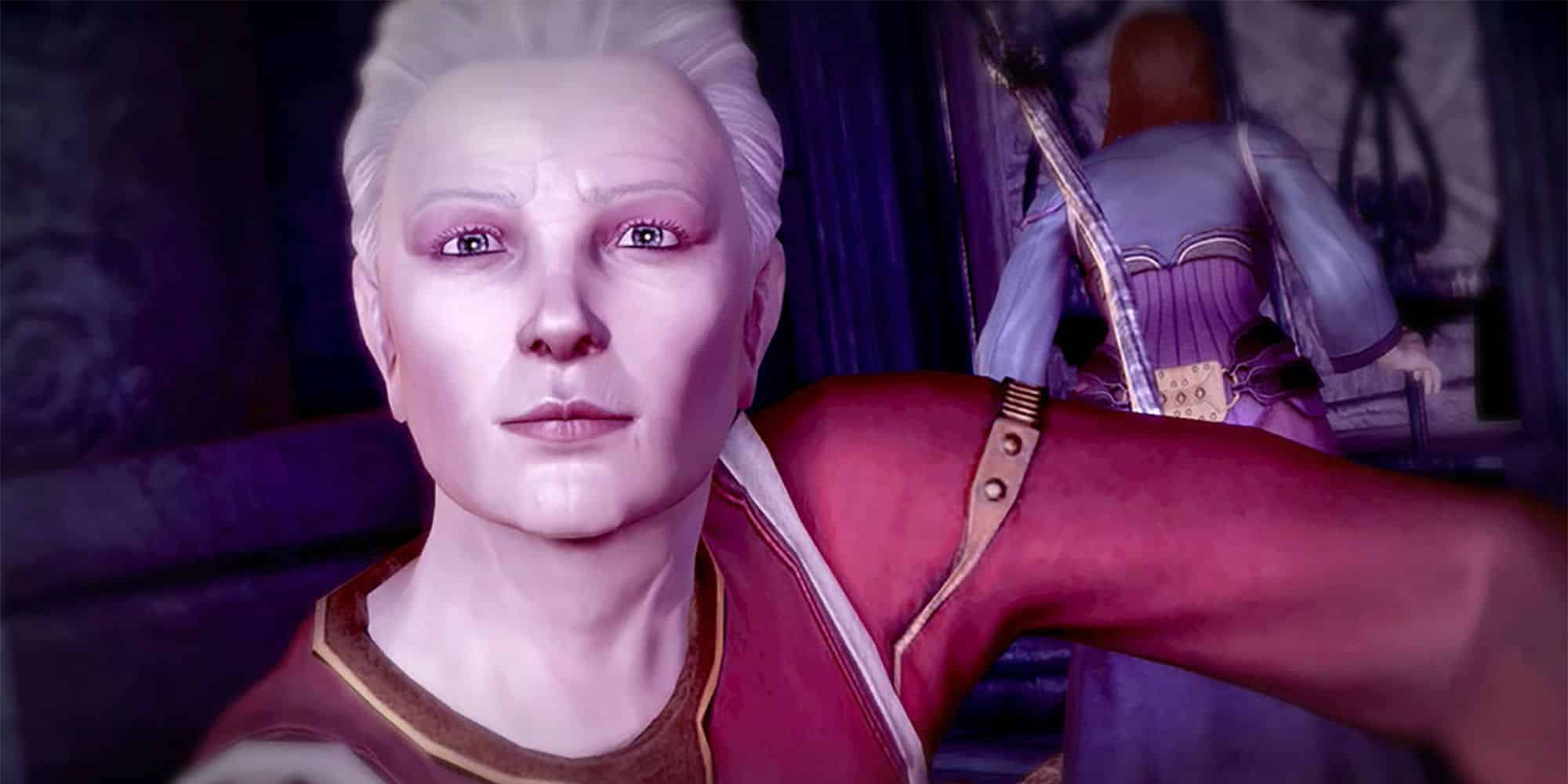 Dragon Age Origins older female mage looks into camera