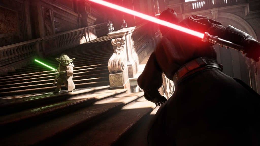 Star Wars Battlefront 2 image showing Yoda fighting Darth Maul