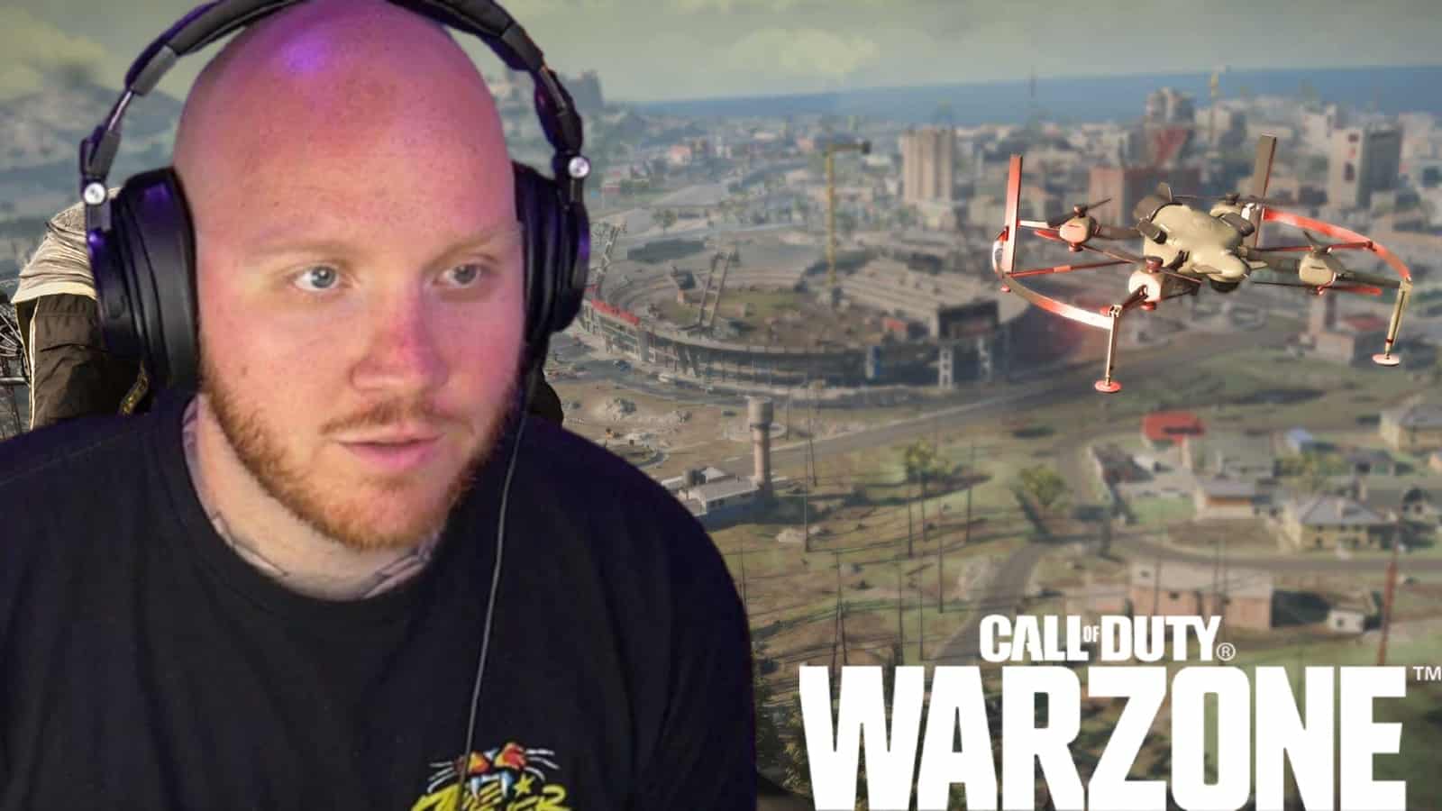 TimtheTatman superimposed in front of the Warzone map Verdansk