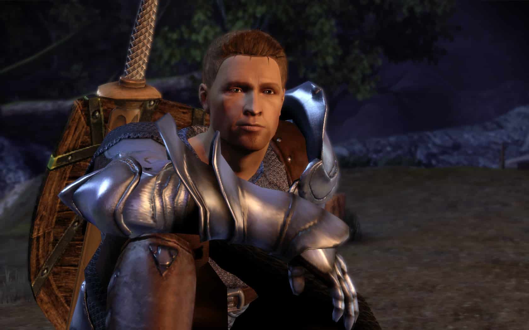 Dragon Age alistair knight sitting down with hand across knee