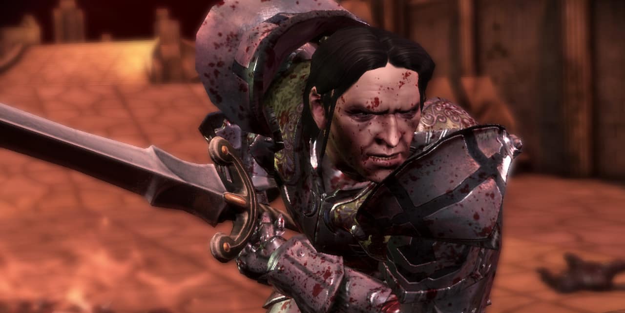 Dragon Age knight runs into battle covered in blood