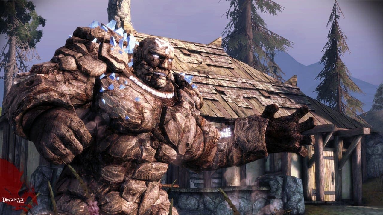 dragon age origins stone golem speaks emphatically in front of an old house