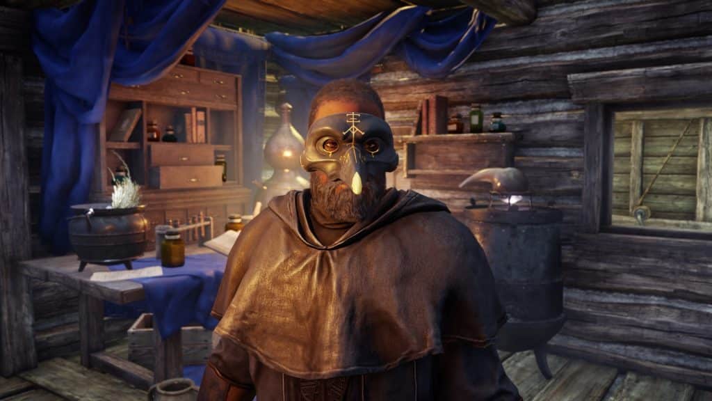 new world character in a medieval plague doctor mask