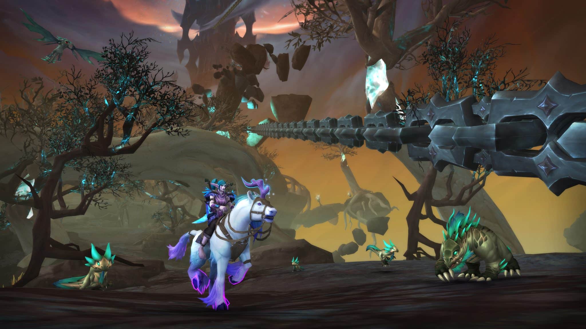 wow player riding a unicorn through a desert area with huge chains