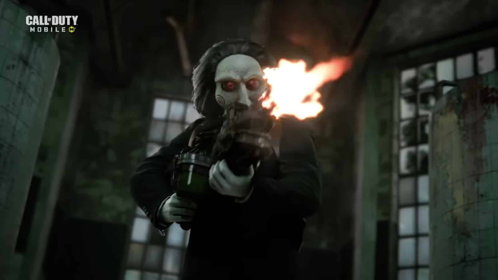 Billy the Puppet from Saw shooting a gun in CoD Mobile