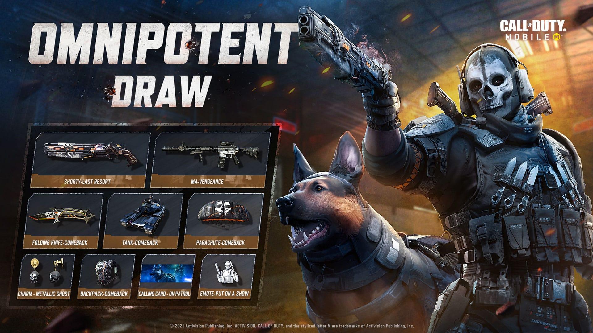 Omnipotent Draw screen featuring Ghost next to a handful of Lucky Draw items for the CoD store