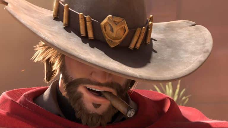Overwatch cowboy smoking a cigar has his face covered by cowboy hat