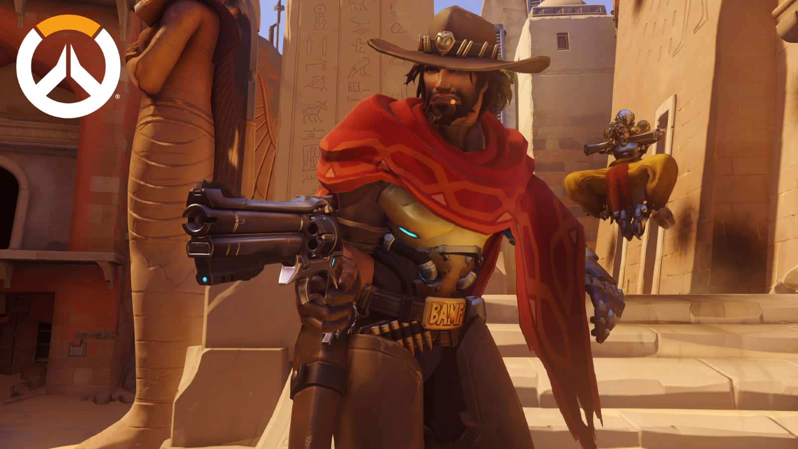 Overwatch cowboy character with revolver fighting in egyptian setting