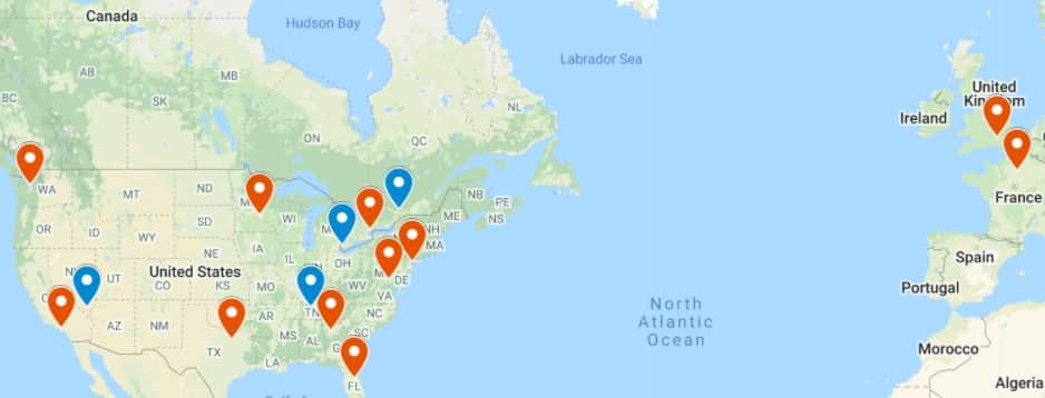 A map showing the current CDL teams plus four potential expansion teams