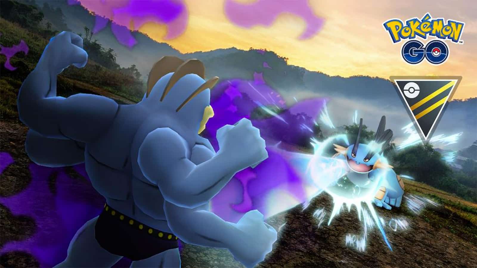 Machamp fighting Swampert in the Pokemon Go Ultra League Premier Classic cup