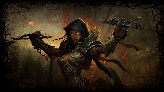 Diablo 3 woman in a hood wields two crossbows