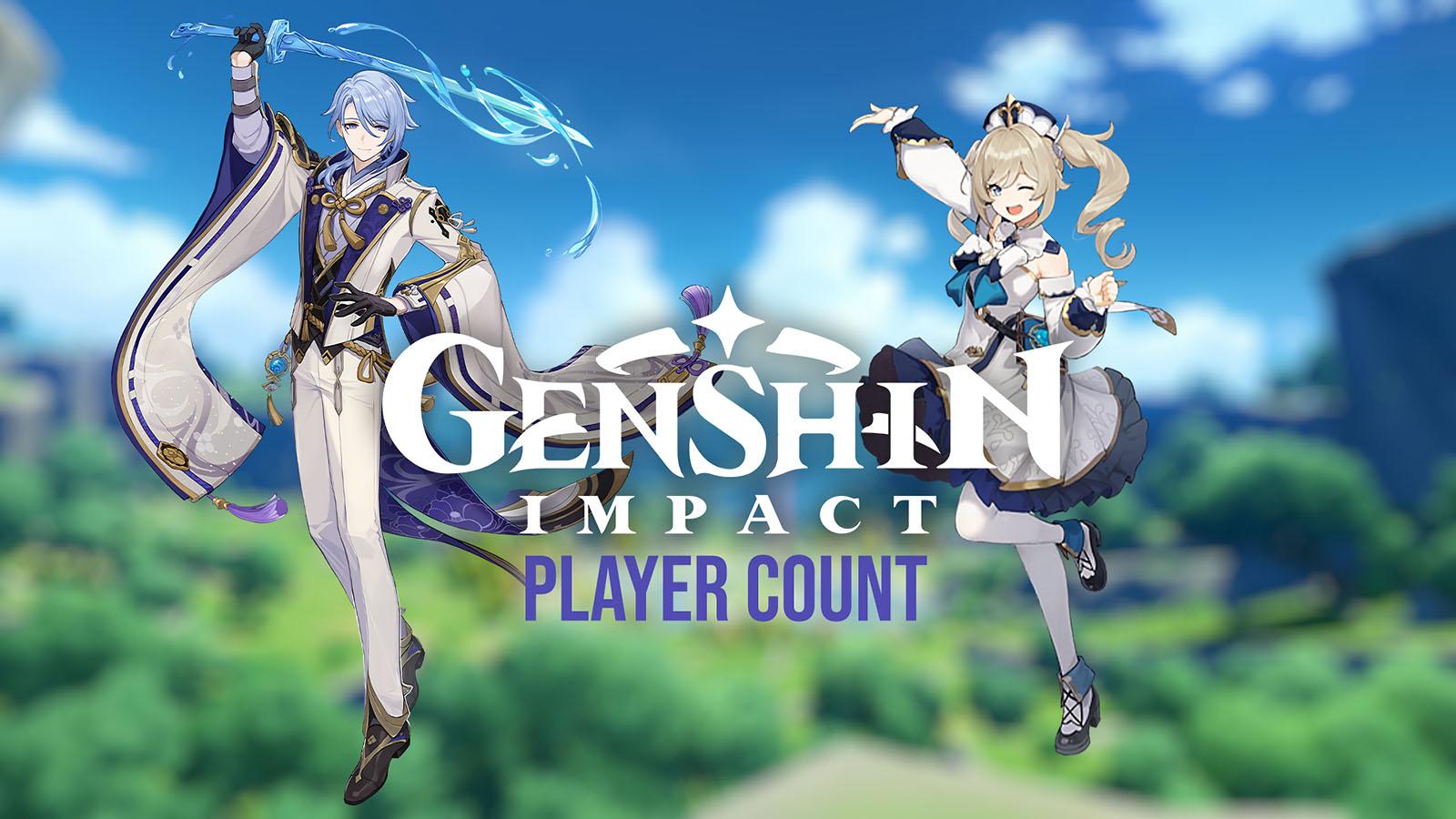 The Genshin Impact logo on a background of Teyvat with the word player count underneath with Barbara and Ayato