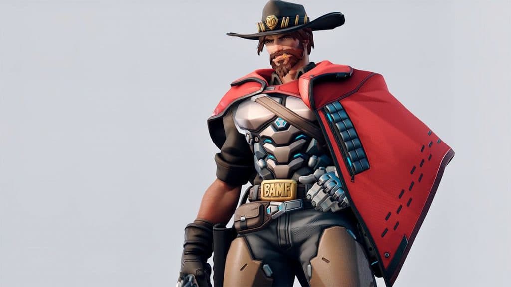 Overwatch cowboy character stands ready against a silver background