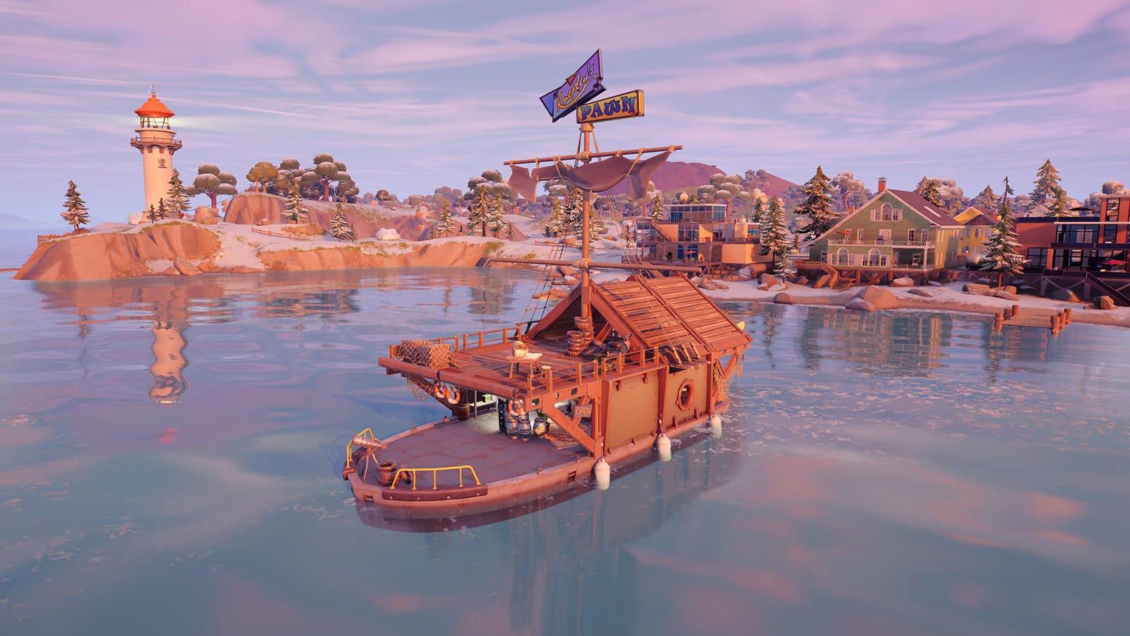 A screenshot of the rare Pawntoon Loot Boat in Fortnite Chapter 3
