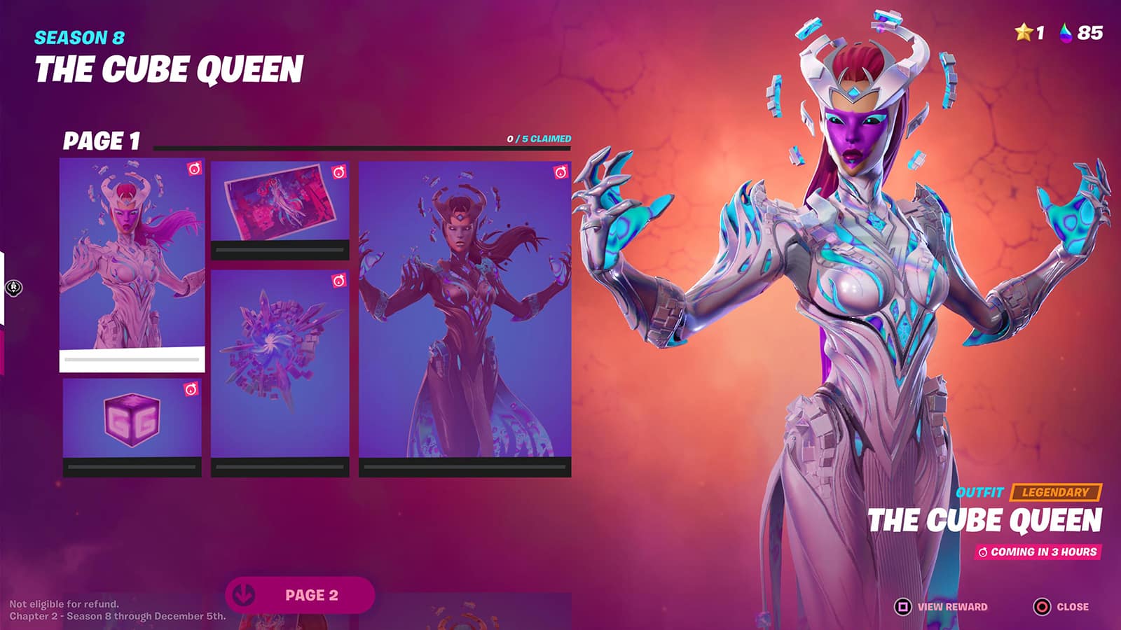 The Cube Queen cosmetics rewards page in Fortnite