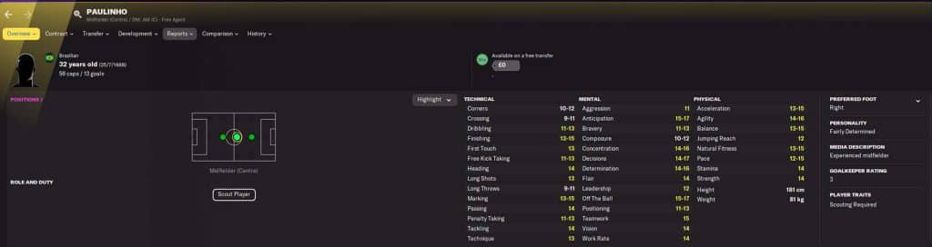 Paulinho Football Manager 2022 screenshot