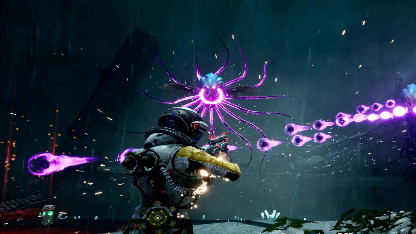 Returnal screenshot showing combat with an alien enemy