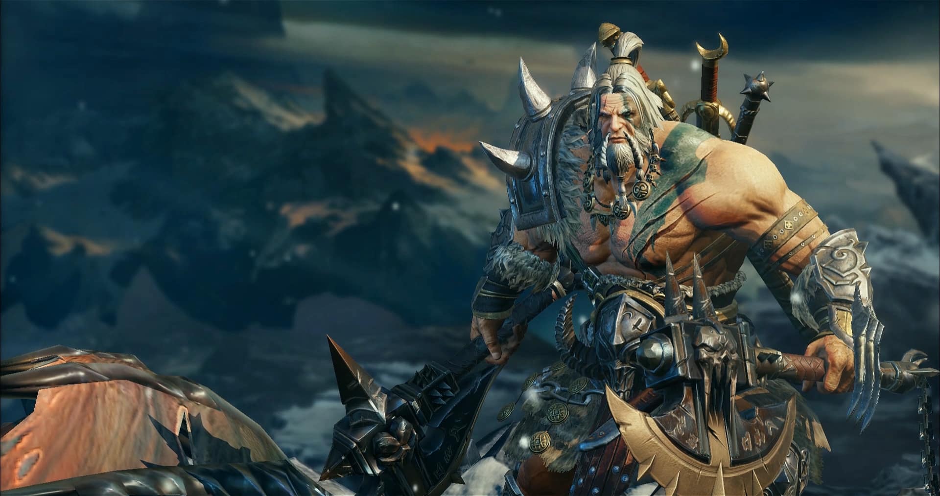 Diablo Immortal muscled warrior with no shirt on and a white beard looks at camera