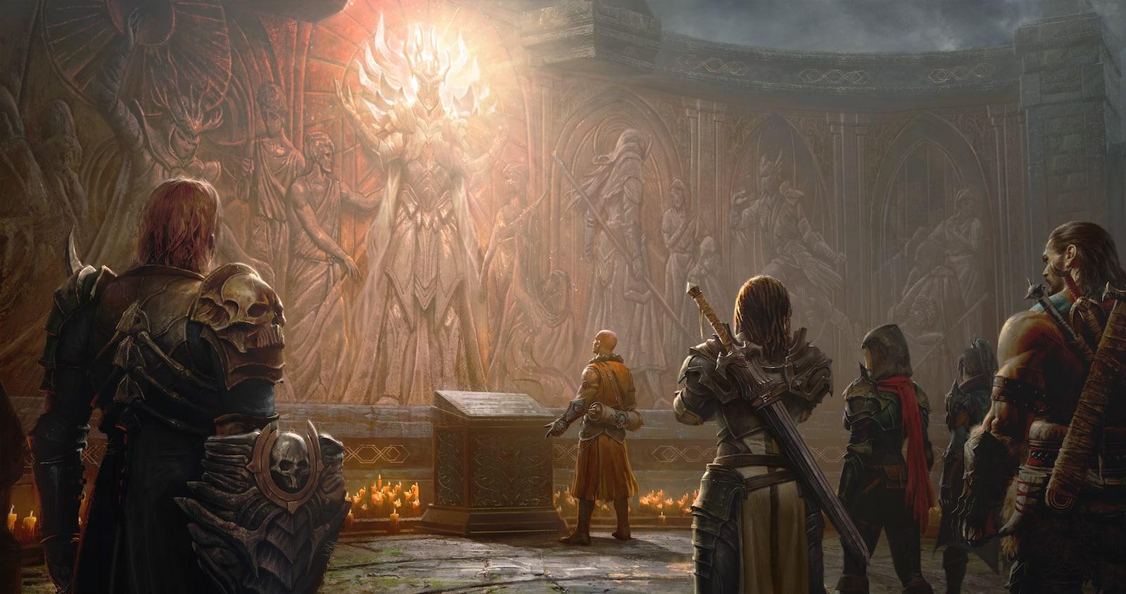 Diablo Immortal characters stand in front of an altar with a carving behind it