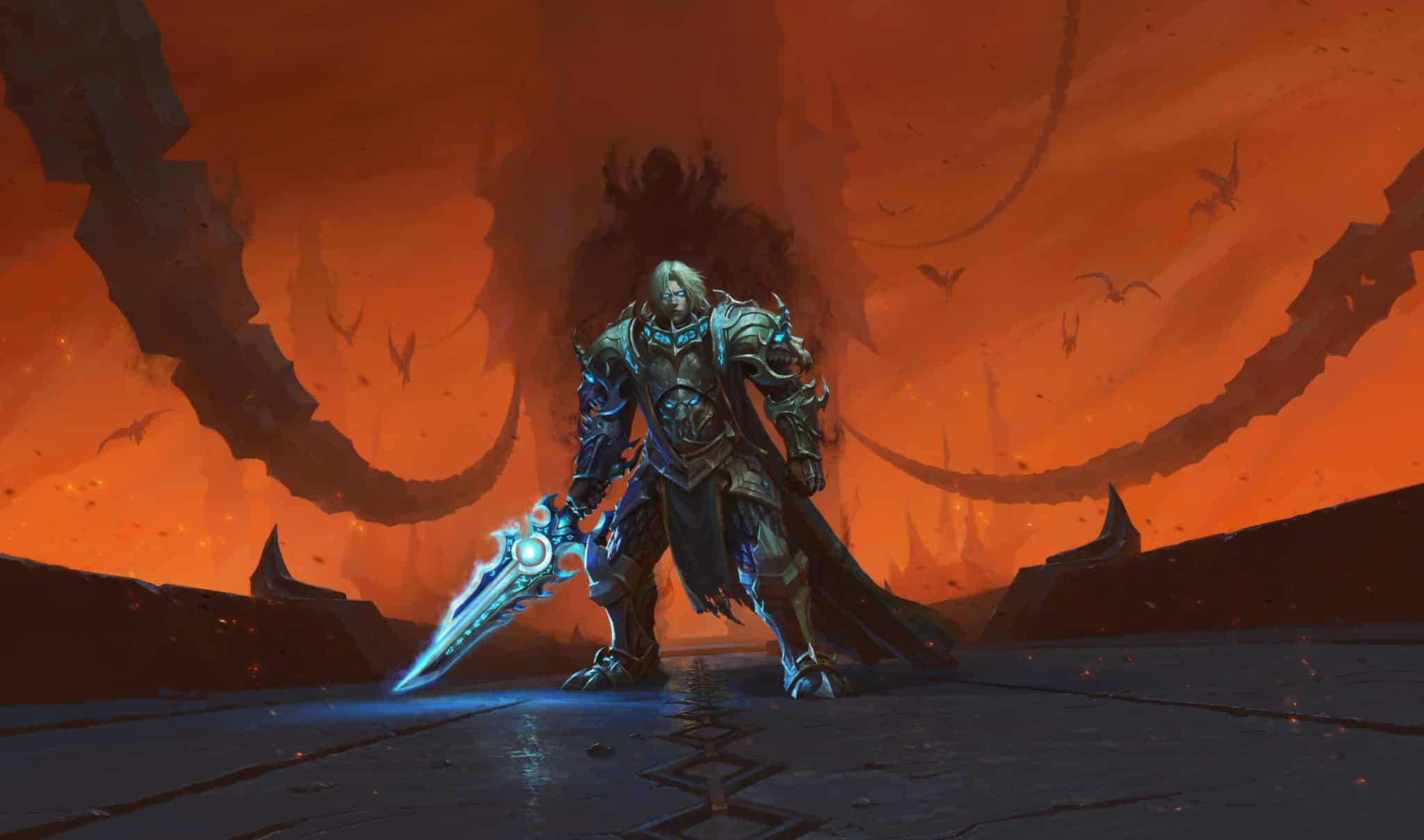 WoW knight in black and blue armor stands in front of chains with the shadow of a man behind him