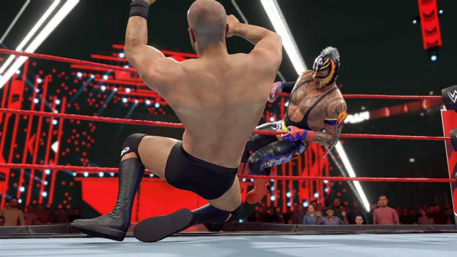 Res Mysterio delivering 619 to The Miz in WWE 2K