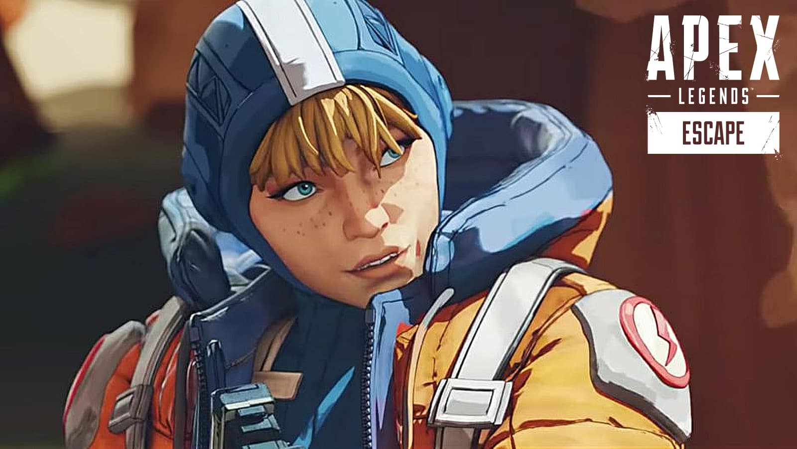 Apex Legends blond girl in orange puffer jacket and blue hoodie looks off to the right