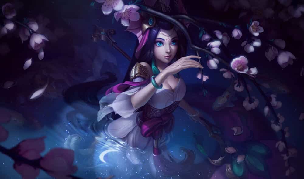 League of Legends mermaid girl in pond smiling as she touches cherry blossoms