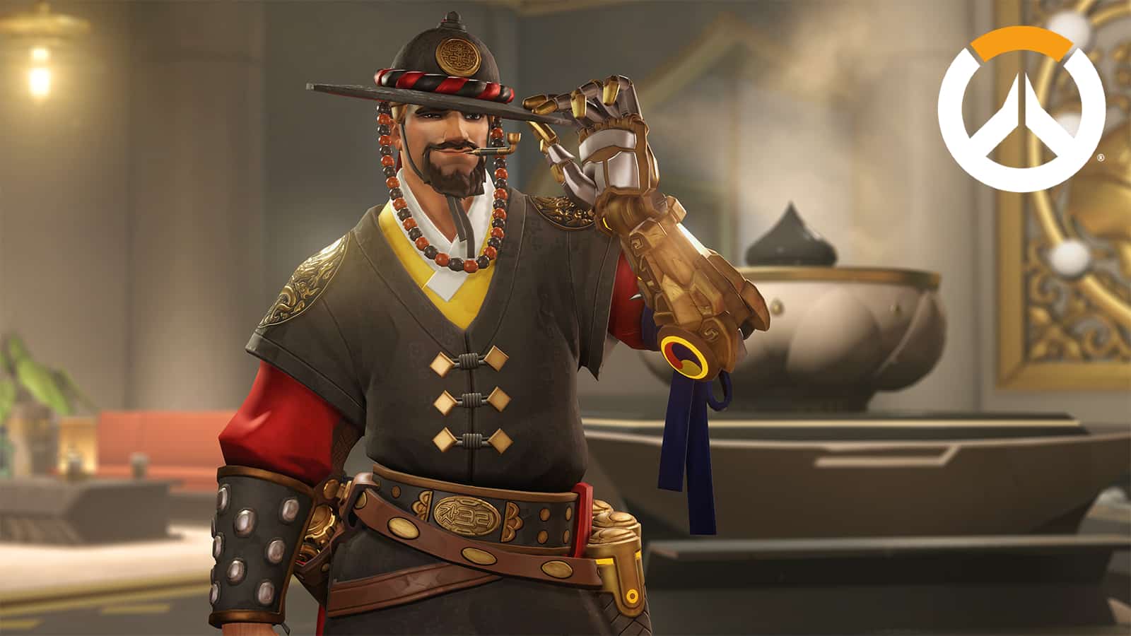Overwatch cowboy tips his hat in an Asian inspired outfit