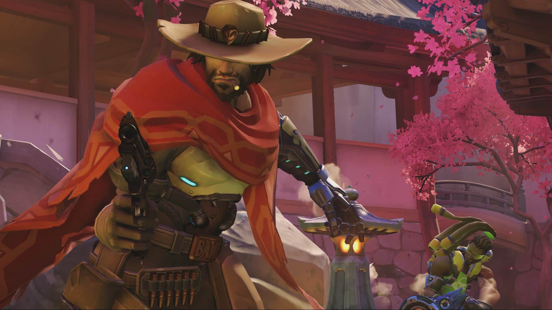Overwatch cowboy hero fights in a Japanese garden setting