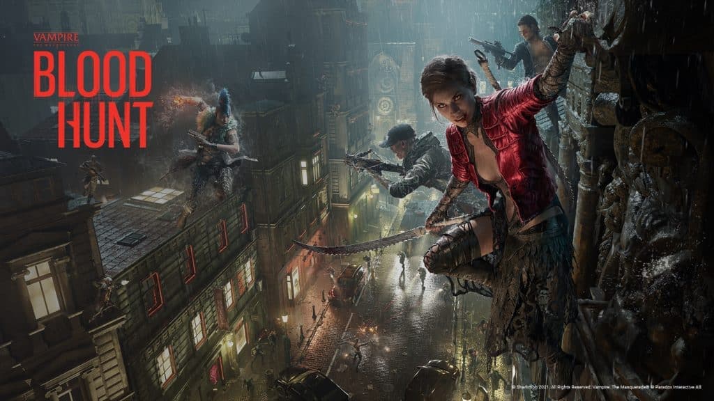 bloodhunt vampires shoot each other across rooftop while female vampire in red leather jacket looks at camera