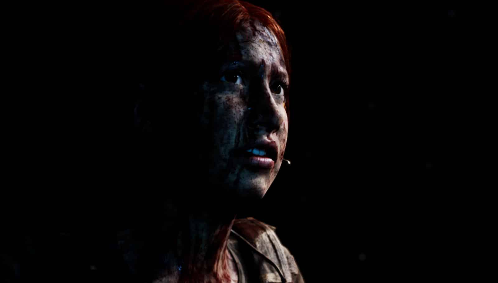 Blood stained woman against a black background