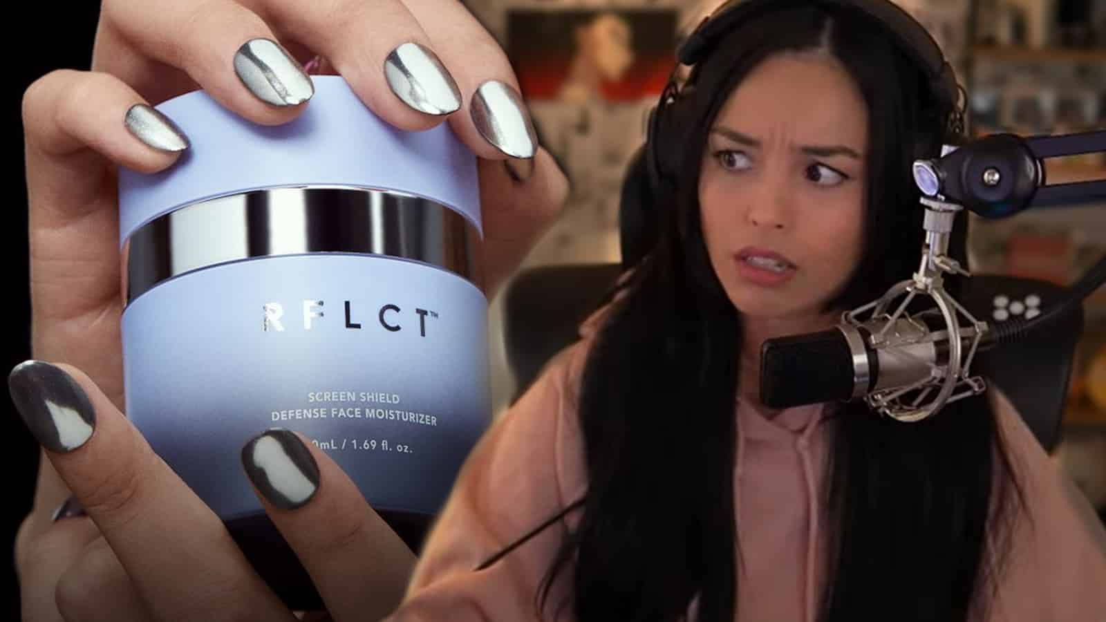 Valkyrae stares at RFLCT skincare product.