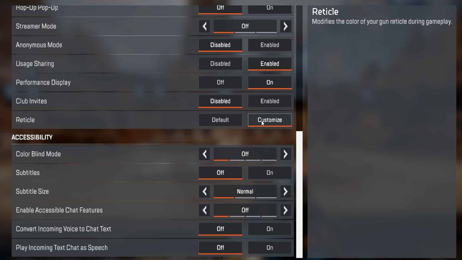 Reticle settings menu in Apex Legends lets players change the color of their sights