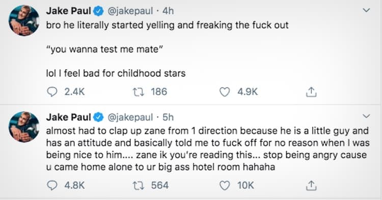 Jake Paul slams Zayn Malik in Tweet