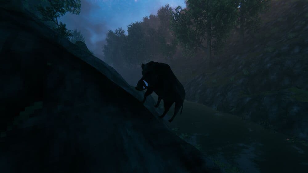 Valheim boar walking up mountain in darkness