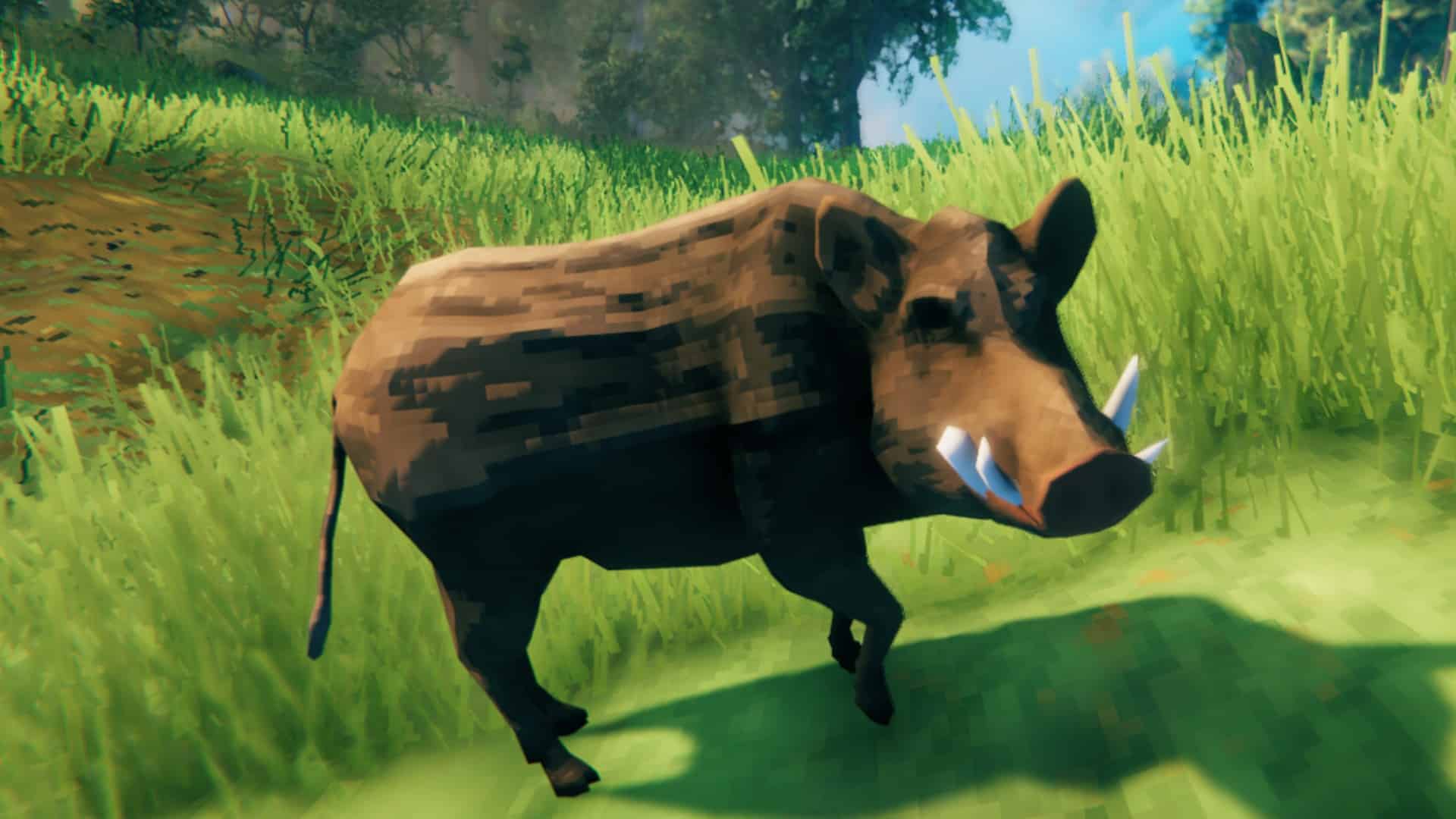Valheim boar stands in a green field with the camera to its side