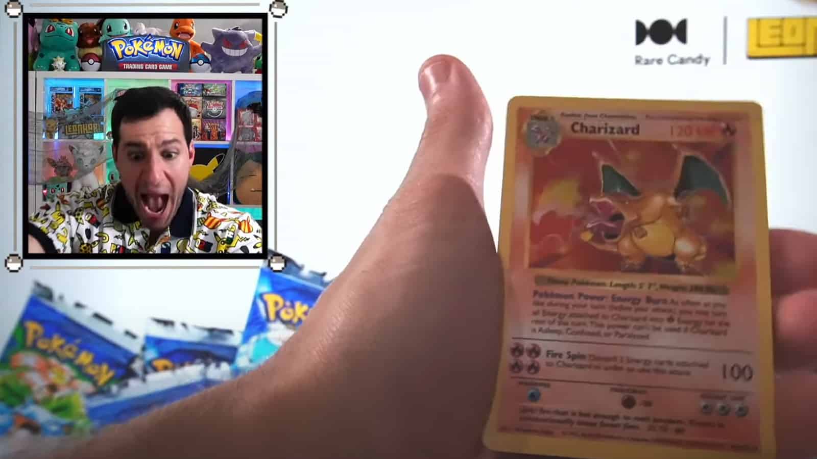 Pokemon YouTuber Leonhart opens Shadowless Charizard Card during livestream