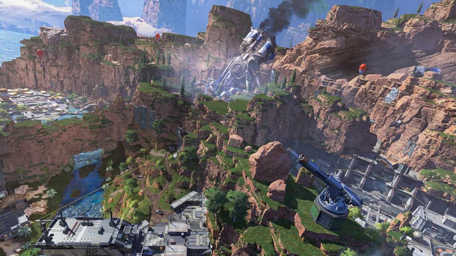 Aerial view of King's Canyon from Apex Legends