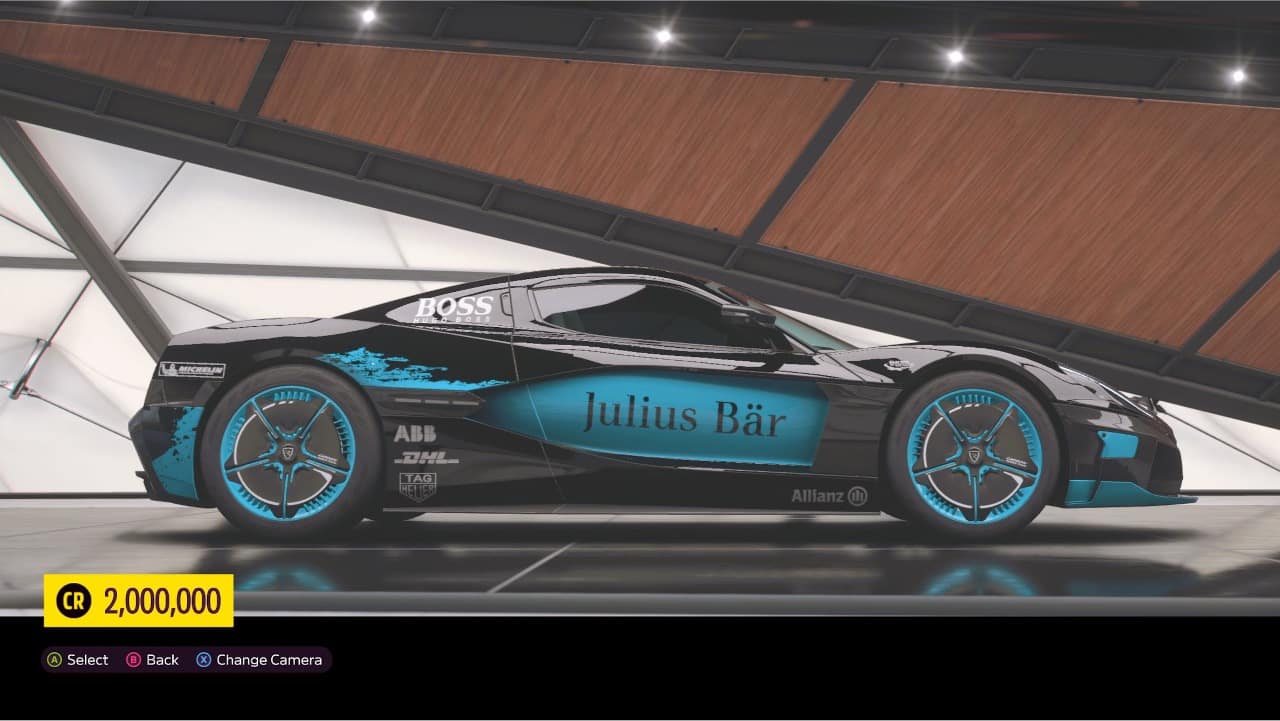 A screenshot of the Rimac Concept Two 2019 in Forza Horizon 5, one of the fastest cars.
