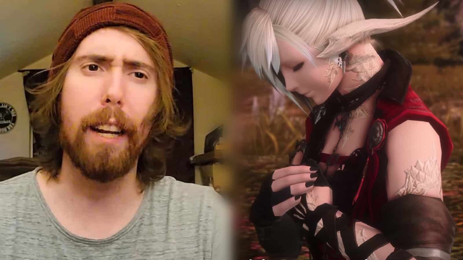 FFXIV dragon lady stands next to twitch streamer Asmongold